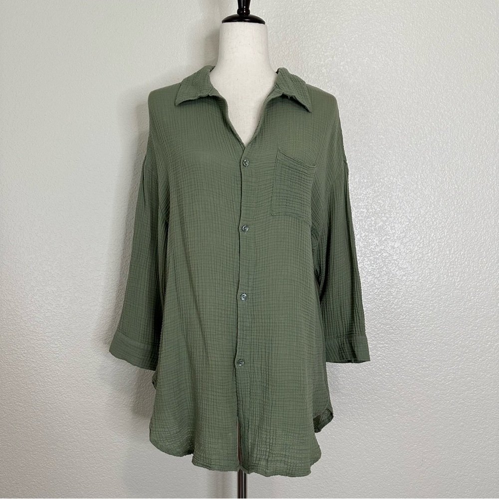 Kona Sol Sage Gauze Button Down Long Sleeves Coverup Shirt, Sz Small